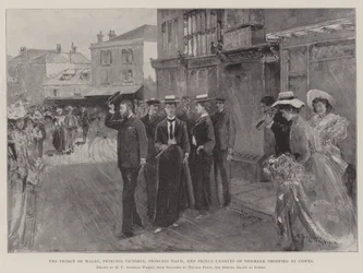 The Prince of Wales, Princess Victoria, Princess Maud, and Prince Charles of Denmark Shopping at Cowes